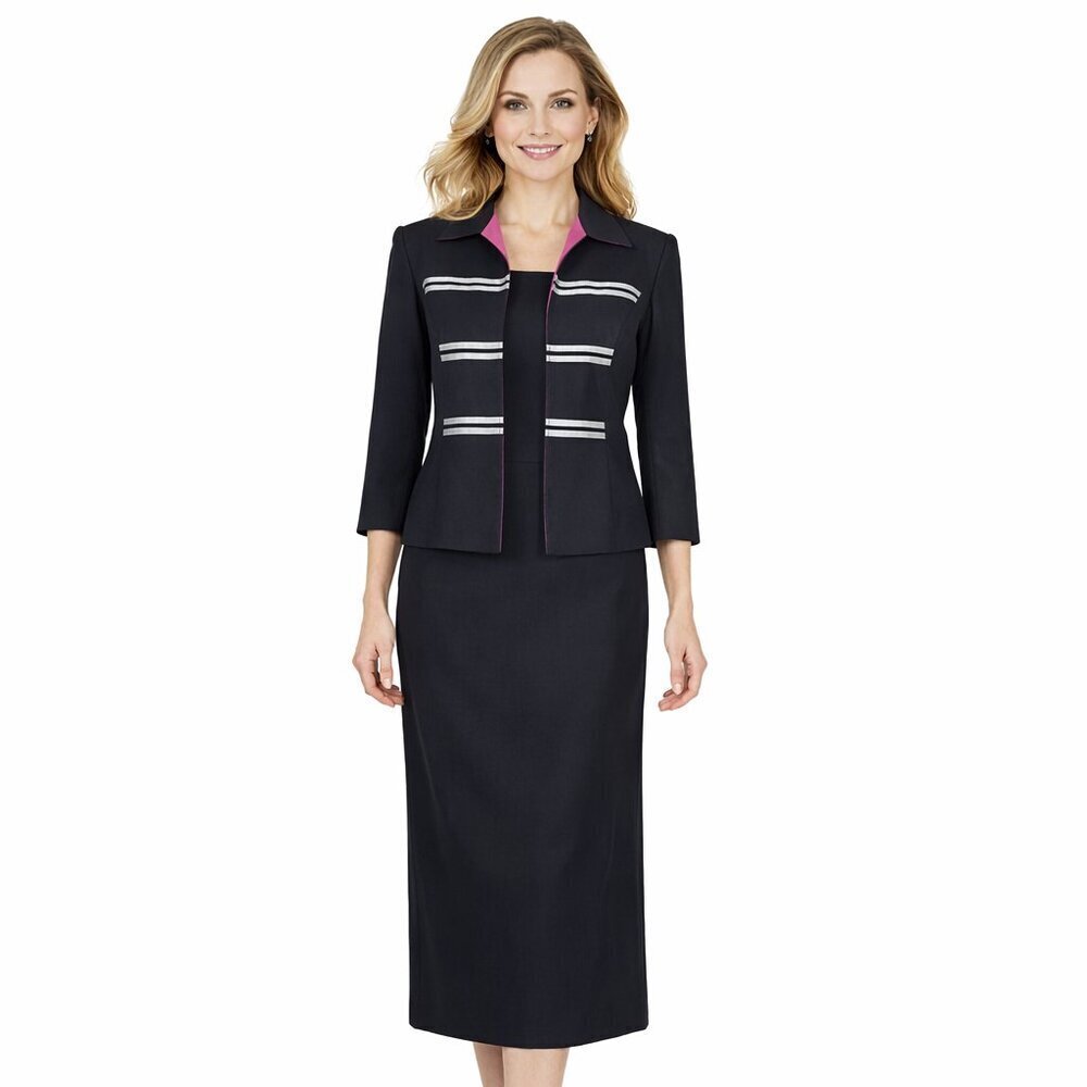 Jessica Howard Midi Dress Suit Size 6 Linen Rayon Blend Open Jacket Black Pink
